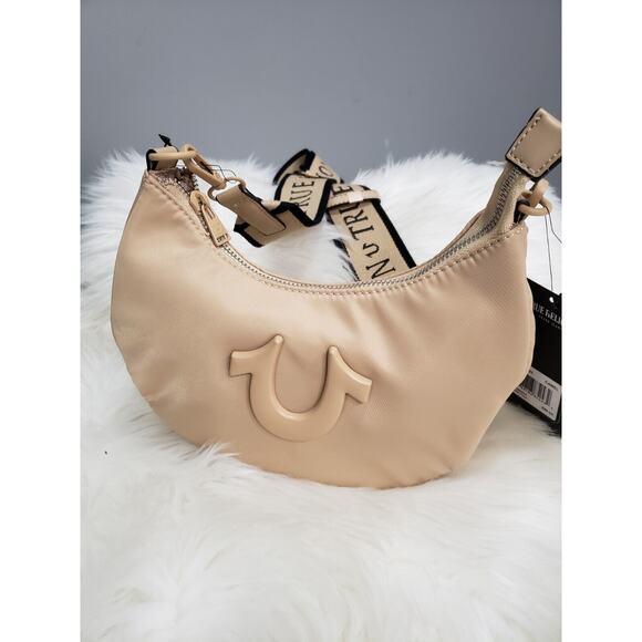 NEW True Religion Hobo Crossbody CRESCENT MOON Logo Strap Purse Bag y2k Camel - Picture 5 of 8